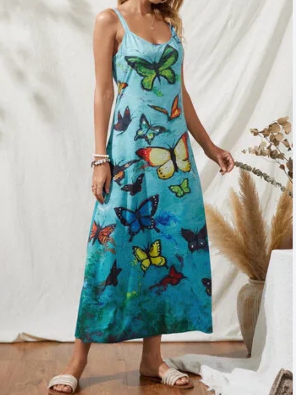 Blue Butterfly Print Maxi Dress - Casual Summer Slip Dress with side pockets